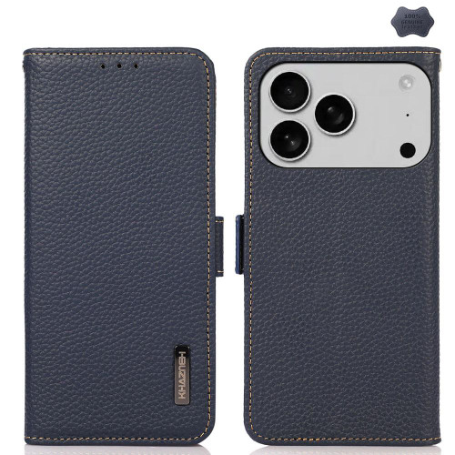iPhone 17 Pro KHAZNEH Side-Magnetic Litchi Genuine Leather RFID Case - Blue