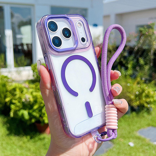 iPhone 17 Pro MagSafe Magnetic Clear Phone Case with Wrist Strap - Purple