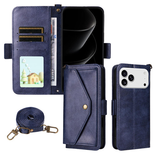 iPhone 17 Pro Multi-card Slots Crossbody Cowhide Leather Phone Case - Blue iPhone 17 Pro Multi-card Slots Crossbody Cowhide Leather Phone Case - Blue