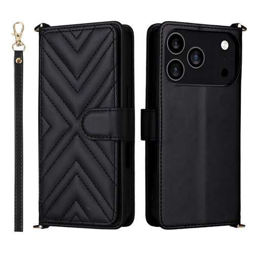 iPhone 17 Pro Multifunctional 6-Card Slots Leather Phone Case with Wrist Strap - Black