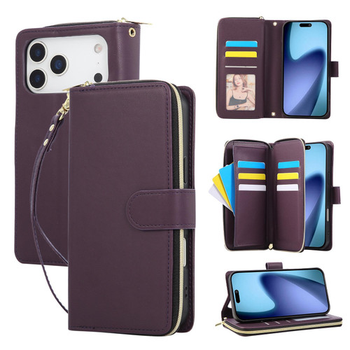 iPhone 17 Pro Nine-card Slots Zipper Wallet Bag Leather Phone Case - Dark Purple