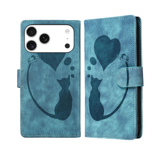 iPhone 17 Pro Pen Heart Cat Embossed Leather Phone Case - Blue