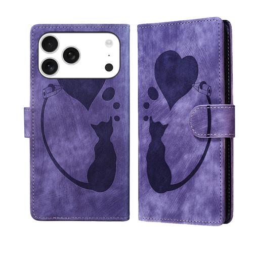 iPhone 17 Pro Pen Heart Cat Embossed Leather Phone Case - Purple