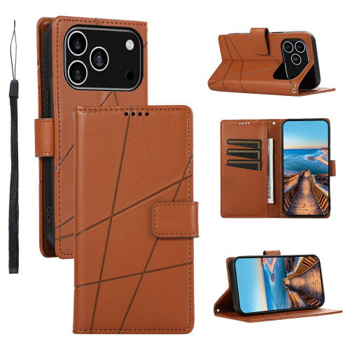 iPhone 17 Pro PU Genuine Leather Texture Embossed Line Phone Case - Brown