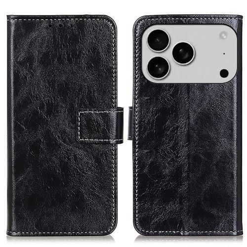 iPhone 17 Pro Retro Crazy Horse Texture Horizontal Flip Leather Phone Case - Black
