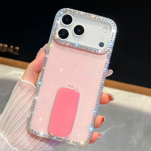 iPhone 17 Pro Rhinestone Glitter TPU 4-corners Anti-fall Phone Case with Holder - Light Pink