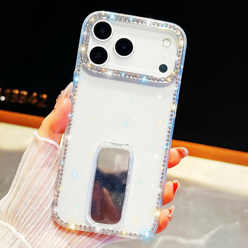iPhone 17 Pro Rhinestone Glitter TPU 4-corners Anti-fall Phone Case with Holder - White
