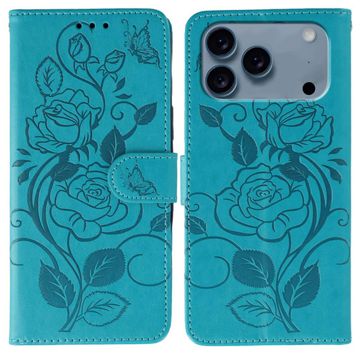 iPhone 17 Pro Rose Butterfly Embossed Leather Phone Case - Blue