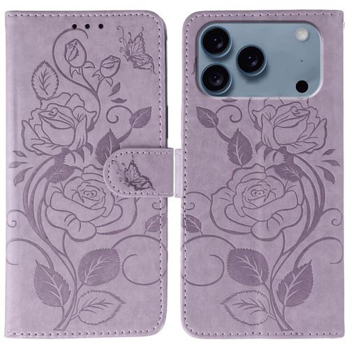 iPhone 17 Pro Rose Butterfly Embossed Leather Phone Case - Purple