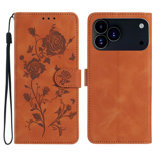 iPhone 17 Pro Rose Flower Embossing Pattern Leather Phone Case - Brown