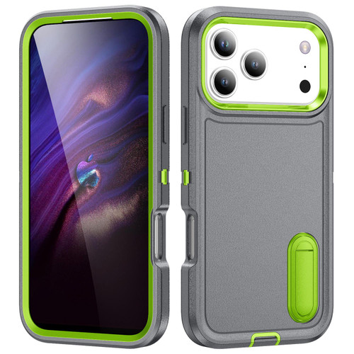 iPhone 17 Pro Rugged PC + Silicone Phone Case with Holder - Grey+Fresh Green