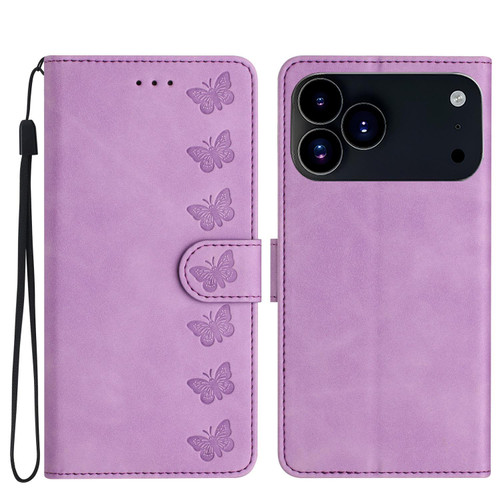 iPhone 17 Pro Seven Butterflies Embossed Leather Phone Case - Purple