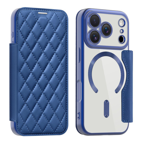 iPhone 17 Pro Shield Magsafe RFID Anti-theft Rhombus Leather Phone Case - Dark Blue