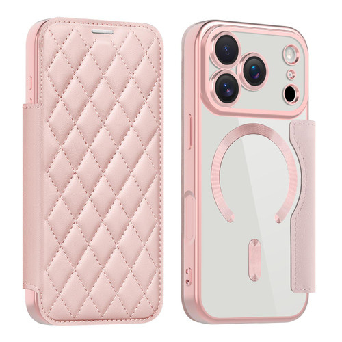 iPhone 17 Pro Shield Magsafe RFID Anti-theft Rhombus Leather Phone Case - Pink