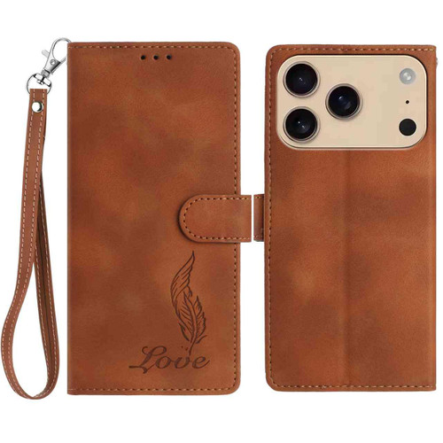 iPhone 17 Pro Skin Feel Embossed Feather Leather Phone Case - Brown