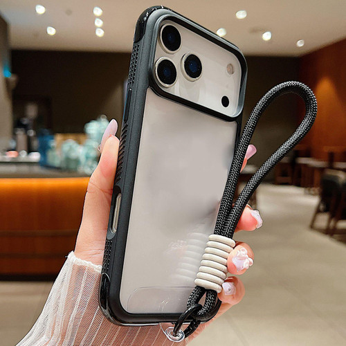 iPhone 17 Pro Solid Color Edge Transparency Acrylic TPU Phone Case with Wrist Strap - Black