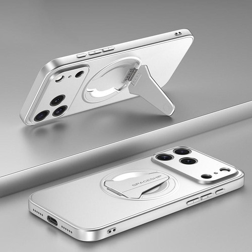 iPhone 17 Pro Spaceship MagSafe Folding Holder Phone Case - Silver White iPhone 17 Pro Spaceship MagSafe Folding Holder Phone Case - Silver White