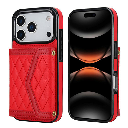 iPhone 17 Pro Splicing Rhombic Texture Card Bag Phone Case with Long Lanyard - Red iPhone 17 Pro Splicing Rhombic Texture Card Bag Phone Case with Long Lanyard - Red
