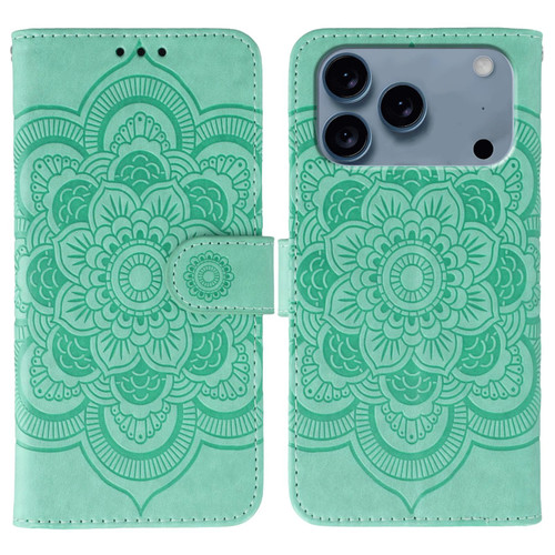 iPhone 17 Pro Sun Mandala Embossing Leather Phone Case - Green