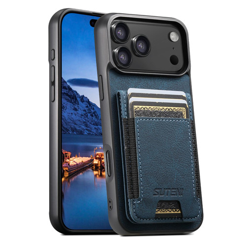 iPhone 17 Pro Suteni H03 Litchi Leather Card Bag Stand Back Phone Case - Blue
