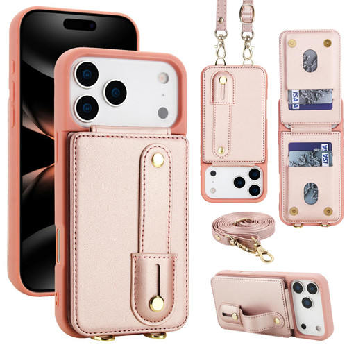 iPhone 17 Pro Wristband Vertical Flip Wallet Back Cover Phone Case with Long Lanyard - Rose Gold iPhone 17 Pro Wristband Vertical Flip Wallet Back Cover Phone Case with Long Lanyard - Rose Gold