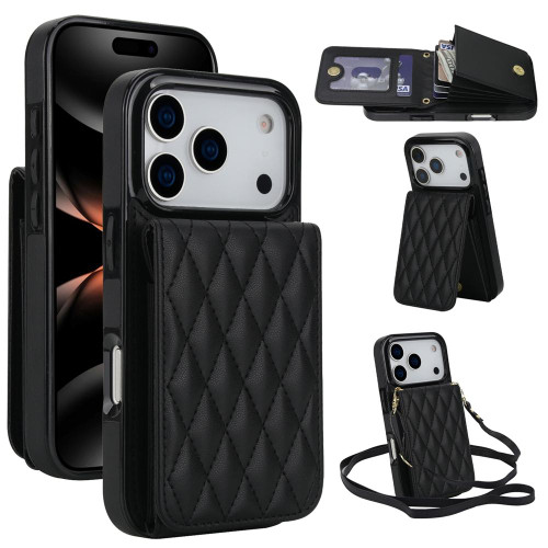 iPhone 17 Pro YM015 Crossbody Rhombic Card Bag RFID Phone Case - Black iPhone 17 Pro YM015 Crossbody Rhombic Card Bag RFID Phone Case - Black