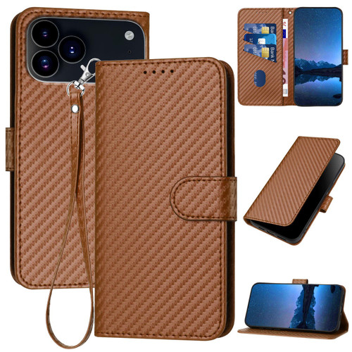 iPhone 17 Pro YX0070 Carbon Fiber Buckle Leather Phone Case with Lanyard - Coffee iPhone 17 Pro YX0070 Carbon Fiber Buckle Leather Phone Case with Lanyard - Coffee