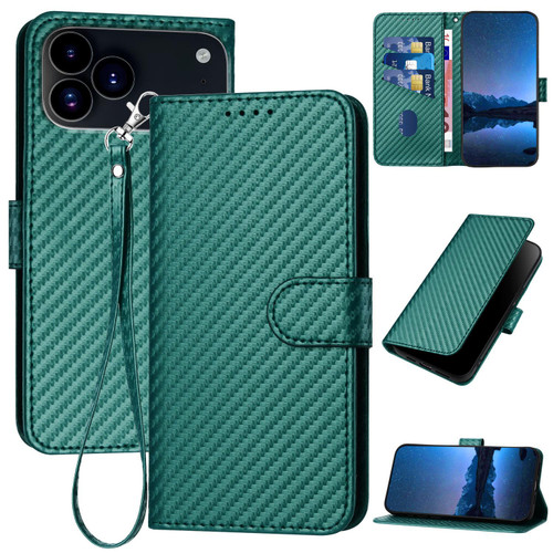 iPhone 17 Pro YX0070 Carbon Fiber Buckle Leather Phone Case with Lanyard - Dark Green iPhone 17 Pro YX0070 Carbon Fiber Buckle Leather Phone Case with Lanyard - Dark Green