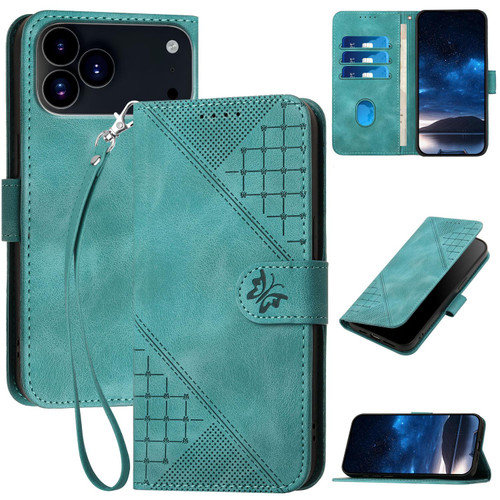 iPhone 17 Pro YX0080 Grid Butterfly Embossed Pattern Flip Leather Phone Case with Lanyard - Light Blue iPhone 17 Pro YX0080 Grid Butterfly Embossed Pattern Flip Leather Phone Case with Lanyard - Light Blue