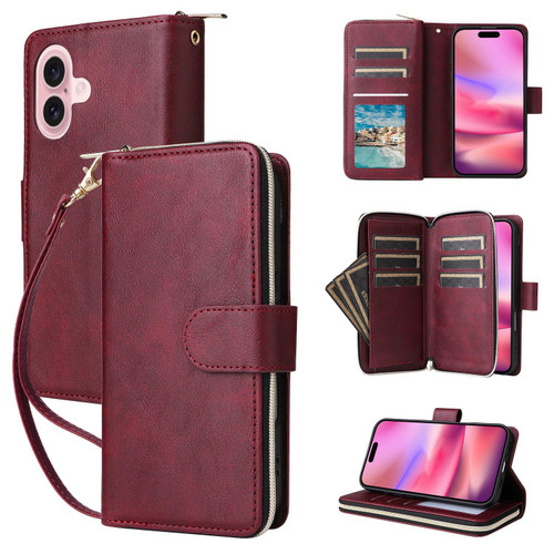 iPhone 17 9 Card Slots Zipper Wallet Bag Leather Phone Case - Wine Red