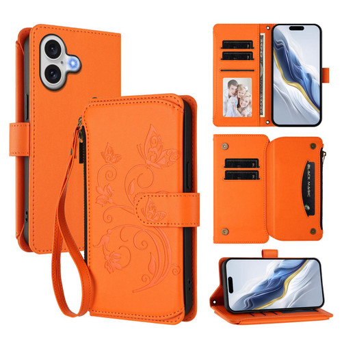 iPhone 17 Butterfly Love Flower Multi-card Zipper Wallet Leather Phone Case - Orange iPhone 17 Butterfly Love Flower Multi-card Zipper Wallet Leather Phone Case - Orange