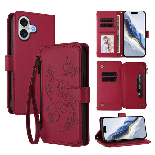 iPhone 17 Butterfly Love Flower Multi-card Zipper Wallet Leather Phone Case - Wine Red iPhone 17 Butterfly Love Flower Multi-card Zipper Wallet Leather Phone Case - Wine Red