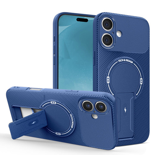 iPhone 17 Carbon Fiber Texture MagSafe Phone Case with Holder - Blue