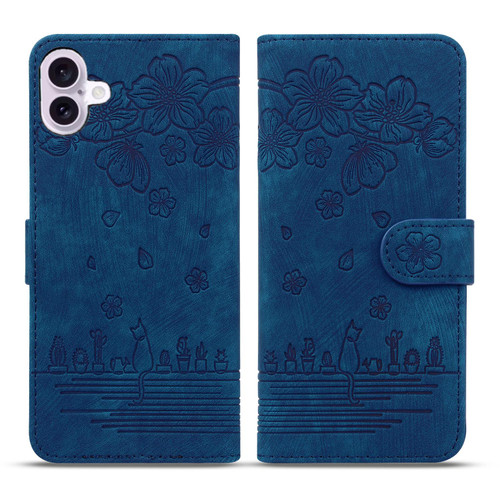 iPhone 17 Cartoon Sakura Cat Embossed Leather Phone Case - Royal Blue iPhone 17 Cartoon Sakura Cat Embossed Leather Phone Case - Royal Blue