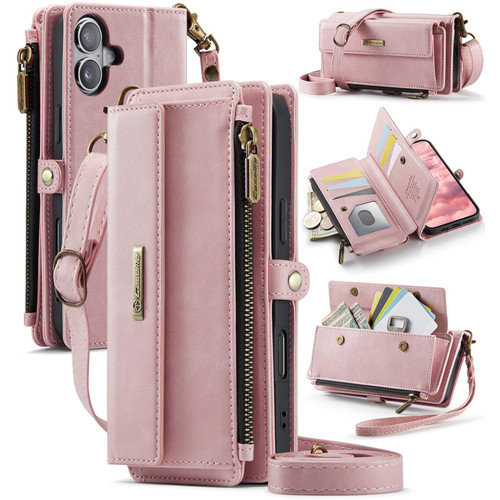 iPhone 17 CaseMe C39 RFID Blocking Zipper Wallet Leather Phone Case with Crossbody Strap - Pink iPhone 17 CaseMe C39 RFID Blocking Zipper Wallet Leather Phone Case with Crossbody Strap - Pink