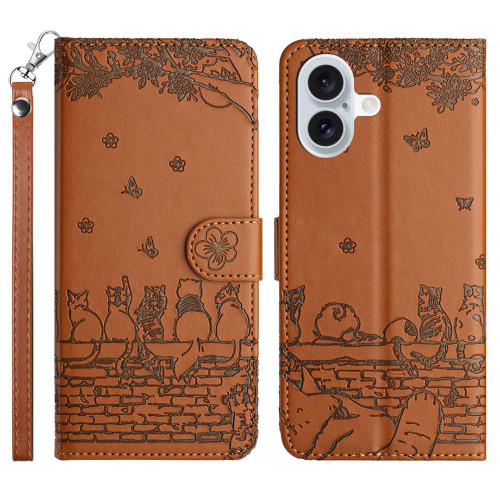 iPhone 17 Cat Embossing Pattern Leather Phone Case with Lanyard - Brown iPhone 17 Cat Embossing Pattern Leather Phone Case with Lanyard - Brown