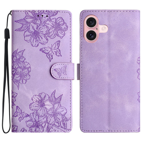 iPhone 17 Cherry Blossom Butterfly Skin Feel Embossed PU Phone Case - Purple