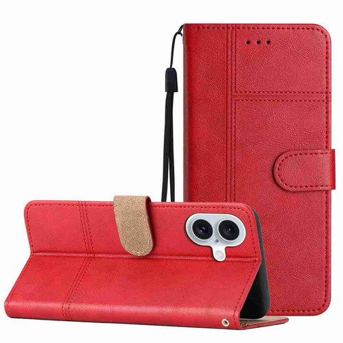 iPhone 17 Cowhide Texture Stitching Leather Phone Case - Red