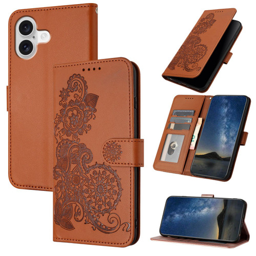 iPhone 17 Datura Flower Embossed Flip Leather Phone Case - Brown