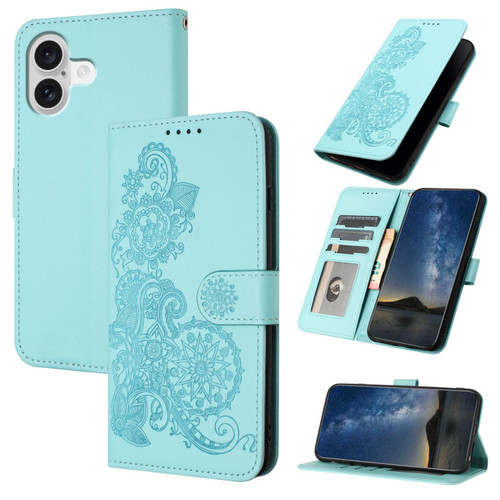 iPhone 17 Datura Flower Embossed Flip Leather Phone Case - Light Blue