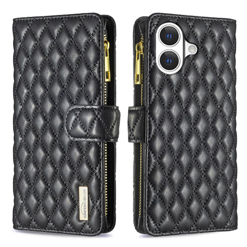 iPhone 17 Diamond Lattice Zipper Wallet Leather Flip Phone Case - Black iPhone 17 Diamond Lattice Zipper Wallet Leather Flip Phone Case - Black