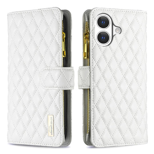 iPhone 17 Diamond Lattice Zipper Wallet Leather Flip Phone Case - White iPhone 17 Diamond Lattice Zipper Wallet Leather Flip Phone Case - White