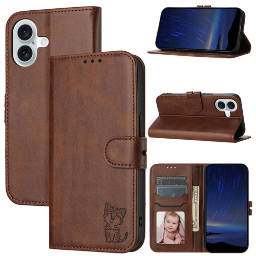 iPhone 17 Embossed Happy Cat Pattern Flip Leather Phone Case - Brown