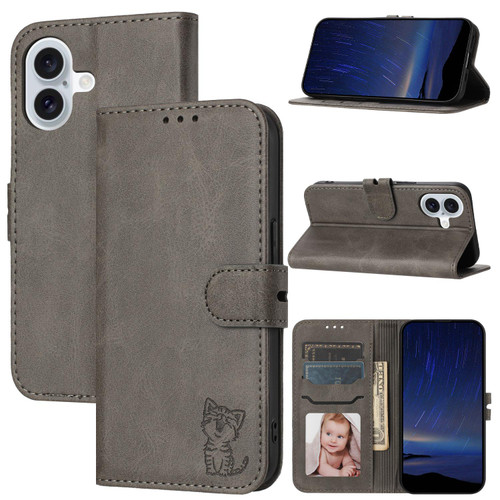 iPhone 17 Embossed Happy Cat Pattern Flip Leather Phone Case - Grey