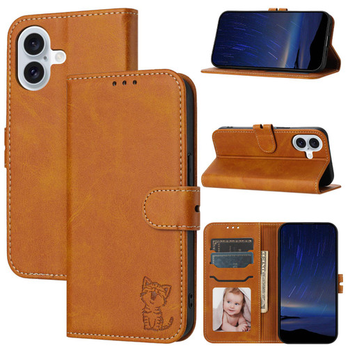 iPhone 17 Embossed Happy Cat Pattern Flip Leather Phone Case - Yellow