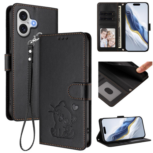 iPhone 17 Embossed Heart Cat Leather Phone Case with Hand Strap - Black iPhone 17 Embossed Heart Cat Leather Phone Case with Hand Strap - Black