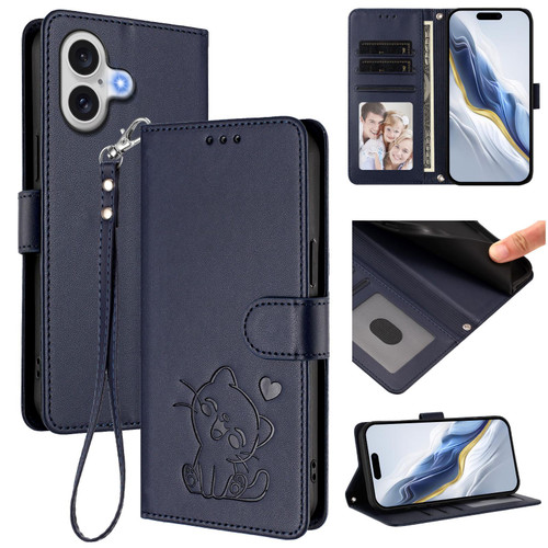 iPhone 17 Embossed Heart Cat Leather Phone Case with Hand Strap - Blue iPhone 17 Embossed Heart Cat Leather Phone Case with Hand Strap - Blue