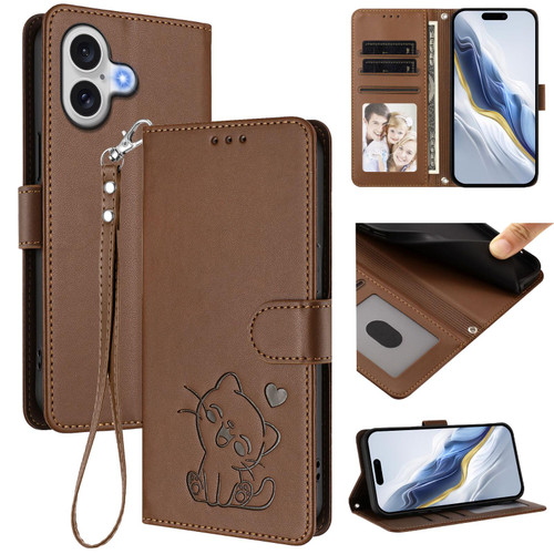 iPhone 17 Embossed Heart Cat Leather Phone Case with Hand Strap - Brown iPhone 17 Embossed Heart Cat Leather Phone Case with Hand Strap - Brown