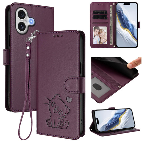 iPhone 17 Embossed Heart Cat Leather Phone Case with Hand Strap - Dark Purple