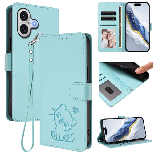 iPhone 17 Embossed Heart Cat Leather Phone Case with Hand Strap - Mint Green iPhone 17 Embossed Heart Cat Leather Phone Case with Hand Strap - Mint Green